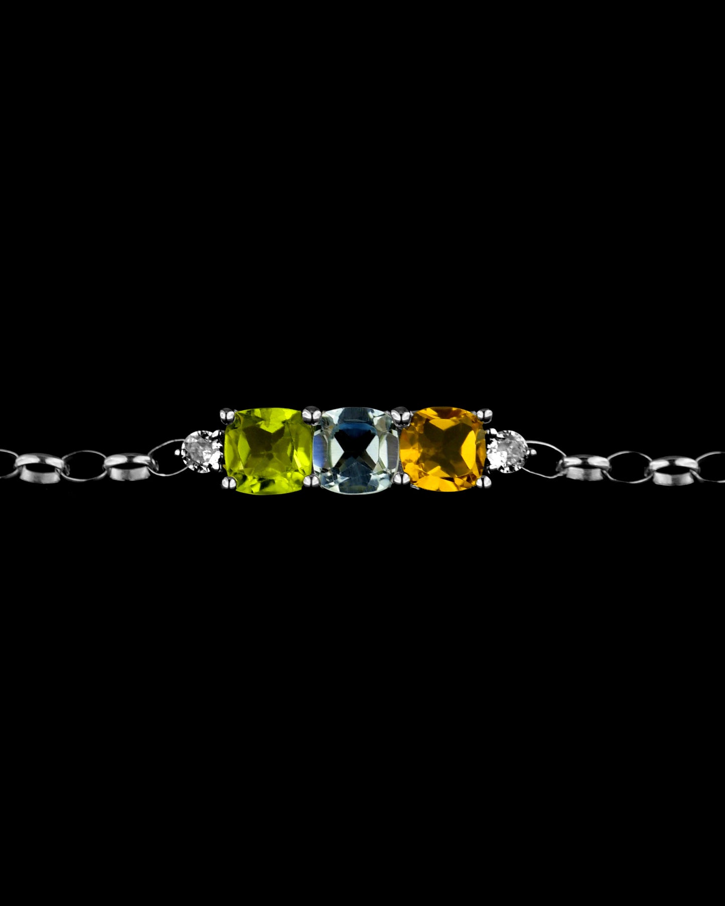 Bracciale in Argento 925 con Gemme di Peridoto Naturale, Topazio Blu Naturale e Quarzo Citrino Naturale Taglio a Cuscino e Zirconi