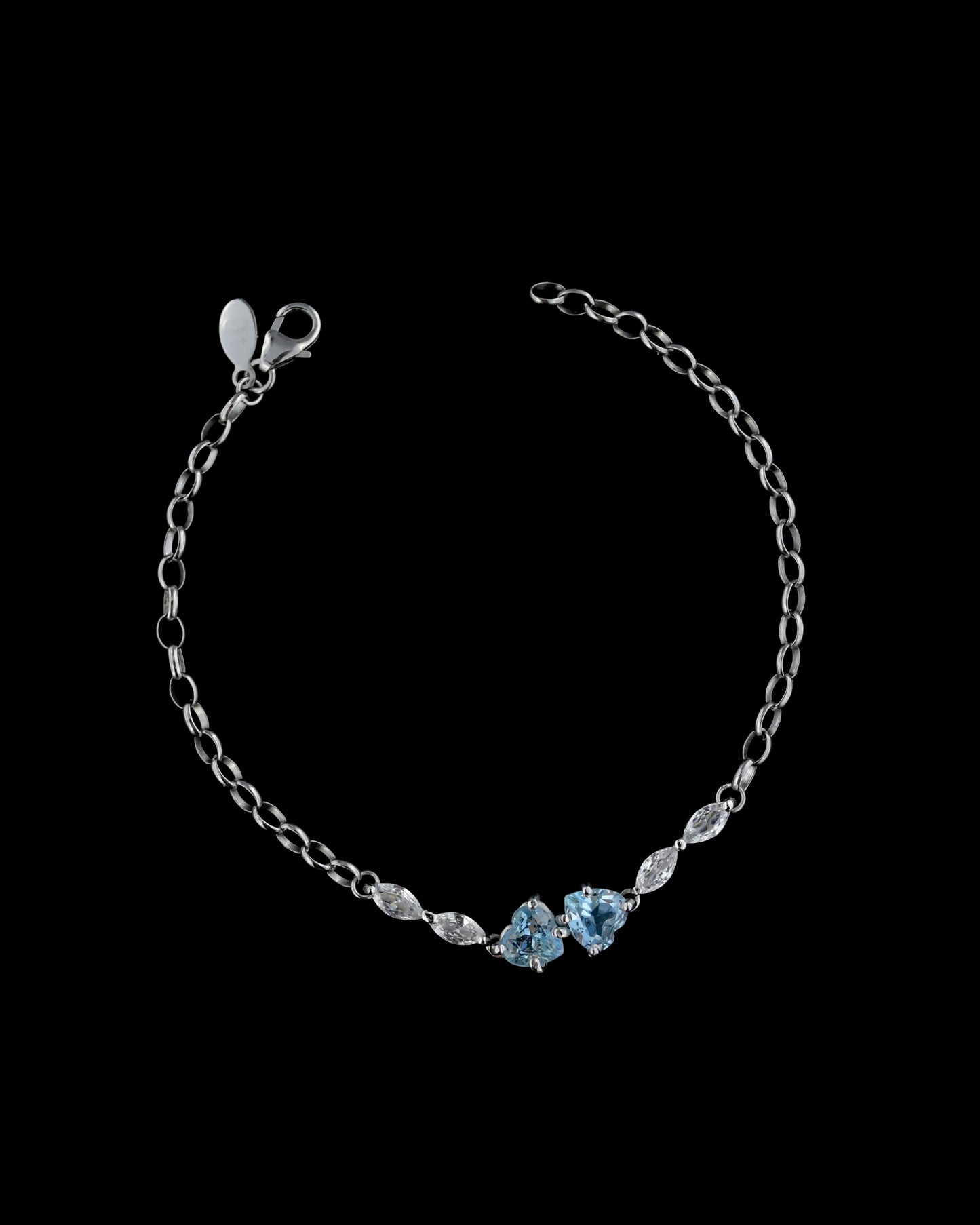 Bracciale in Argento 925 con Gemme di Topazio Blu Naturale Taglio a Cuore e Zirconi Taglio a Marquise