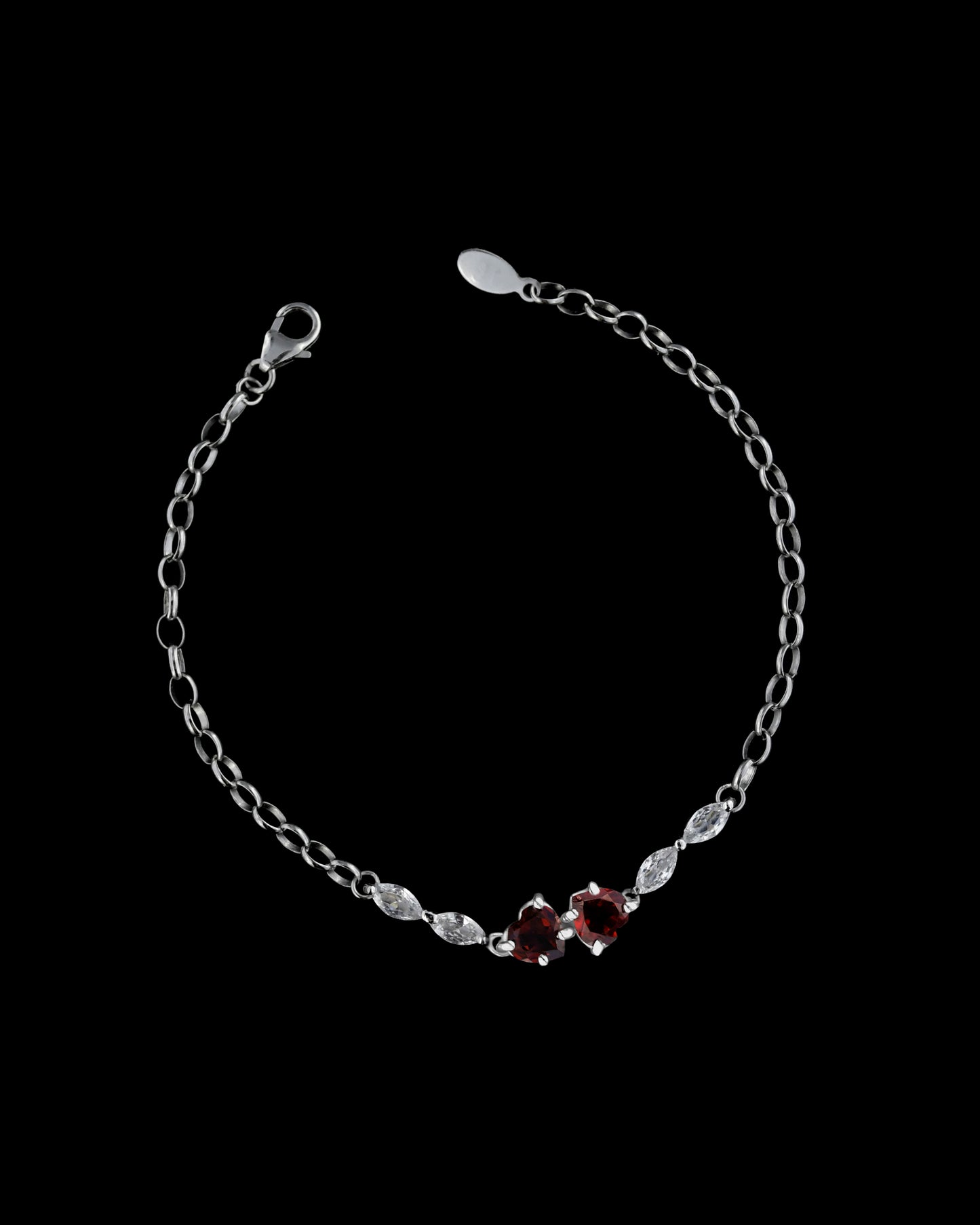 Bracciale in Argento 925 con Gemme di Granato Naturale Taglio a Cuore e Zirconi Taglio a Marquise