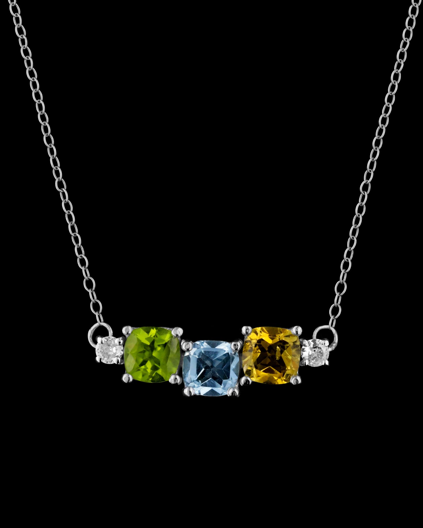 Collana in Argento 925 con Gemme di Peridoto Naturale, Topazio Blu Naturale e Quarzo Citrino Naturale Taglio a Cuscino e Zirconi