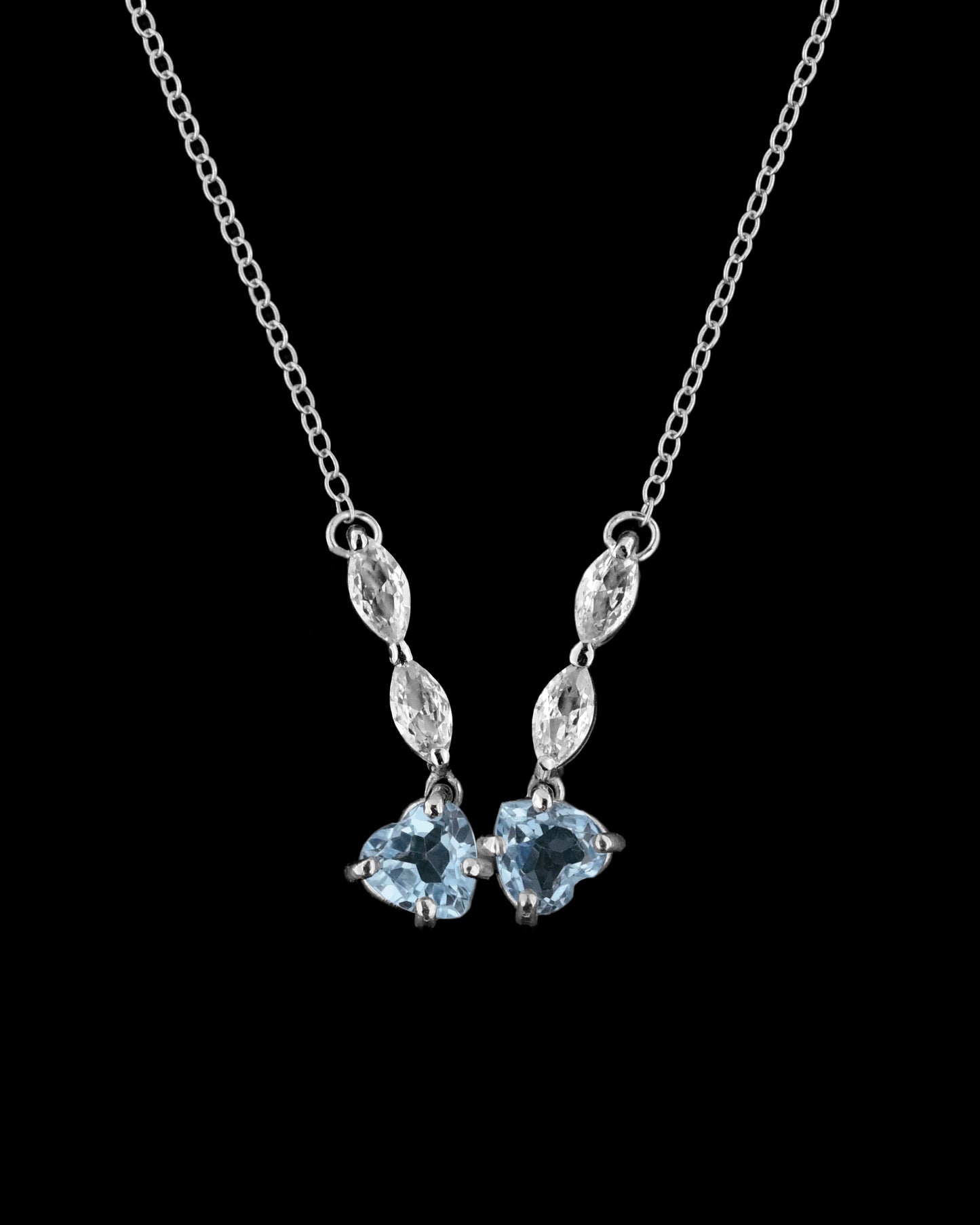 Collana in Argento 925 con Gemme di Topazio Blu Naturale Taglio a Cuore e Zirconi Taglio a Marquise