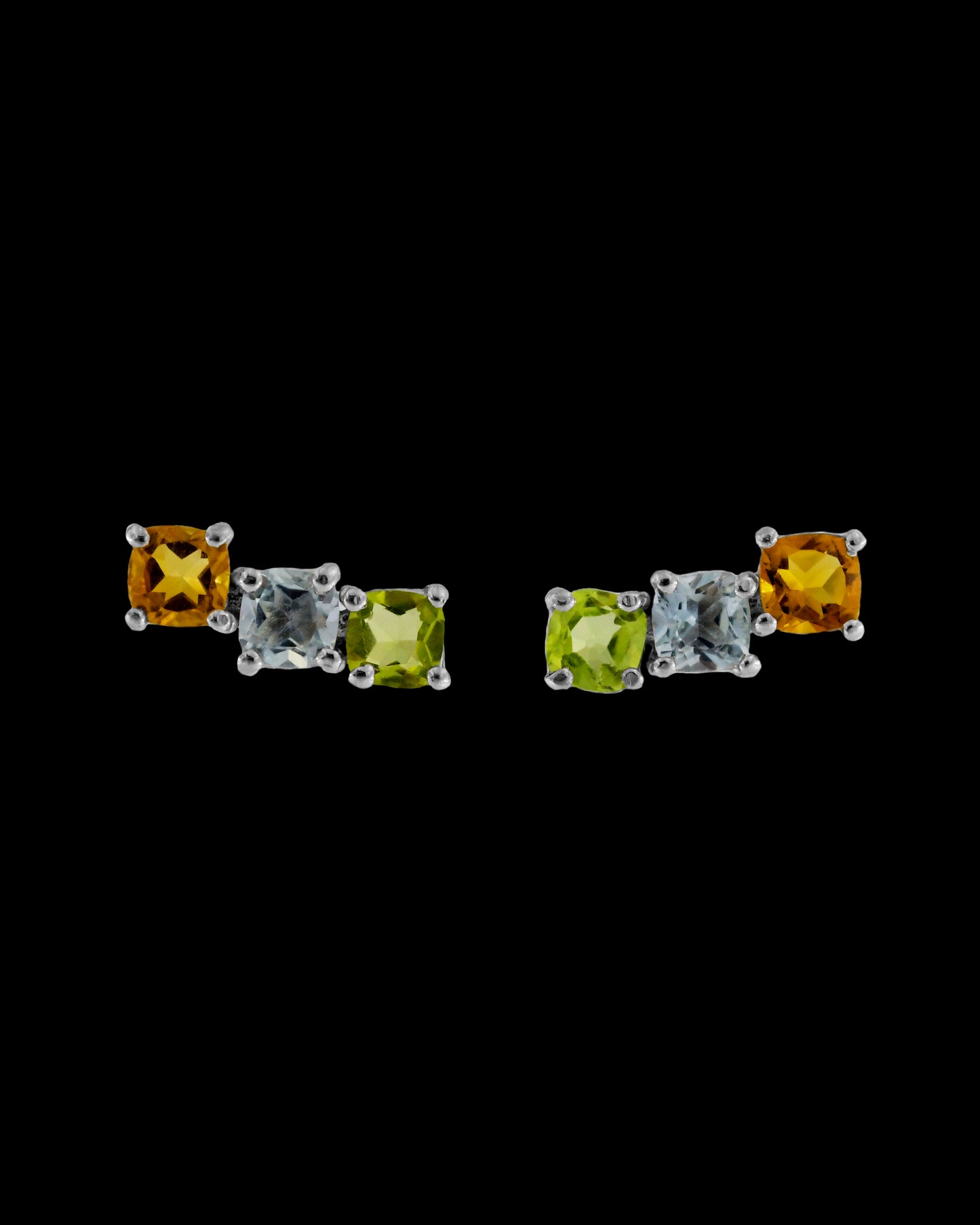 Orecchini in Argento 925 con Gemme di Peridoto Naturale, Topazio Blu Naturale e Quarzo Citrino Naturale Taglio a Cuscino