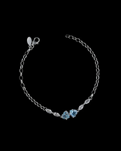 Bracciale in Argento 925 con Gemme di Topazio Blu Naturale Taglio a Cuore e Zirconi Taglio a Marquise